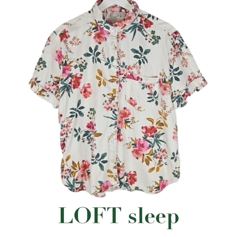 Ann Taylor Loft Soft Floral Sleep Shirt in Cream Pink Green Retro Cottagecore, L